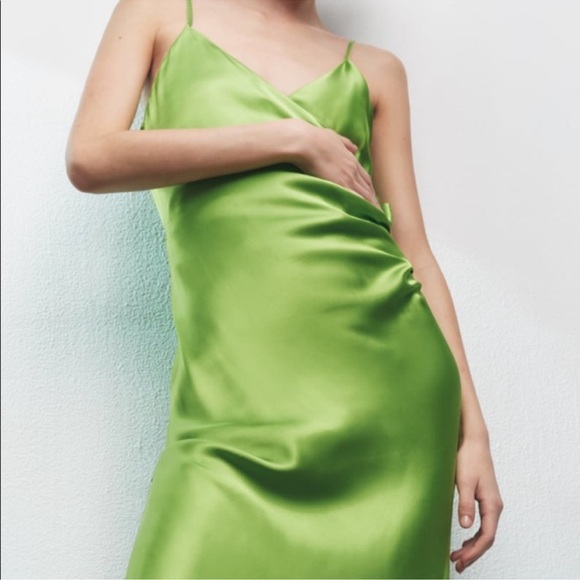 NWOT Zara Satin Midi Dress in Lime Green Size M - Picture 3 of 16